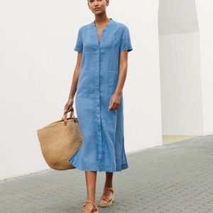 Poetry UK Blue Linen Button Front Midi Dress w/ Pockets Large
